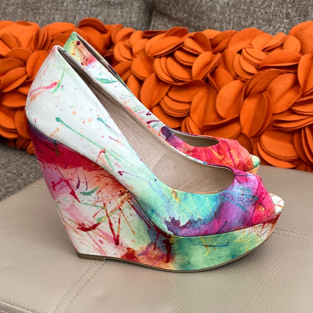 Aldo Colorful Splash Print Open Toe Wedges - image 1
